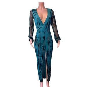 Indah Revolve Wrap Dress Tie Dye Green Black Sz XS Chiffon Sleeve Center Slit
